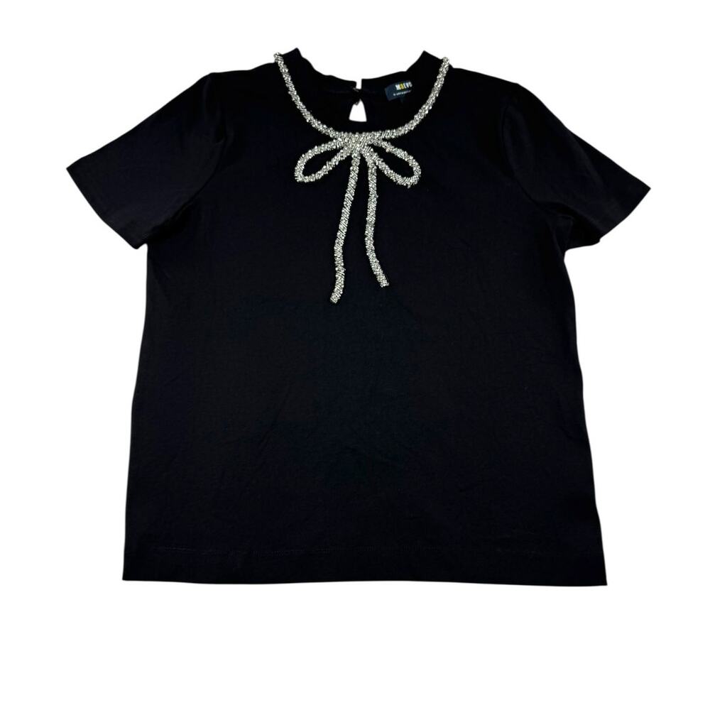 Anthropologie Maeve Embellished Bow Blouse XS Black Party Holiday Chic Cotton